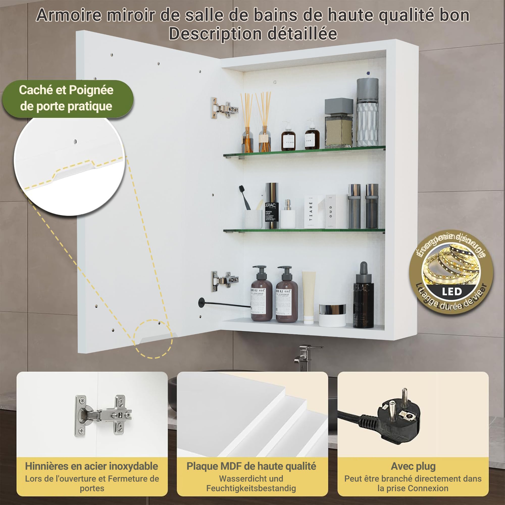 Fofetbfo Armadietto a specchio da bagno con illuminazione, 50 x 14 x 70 cm, con porta singola, con specchio e spazio aperto, specchio da bagno, interruttore touch, 3 colori di luce regolabili, per