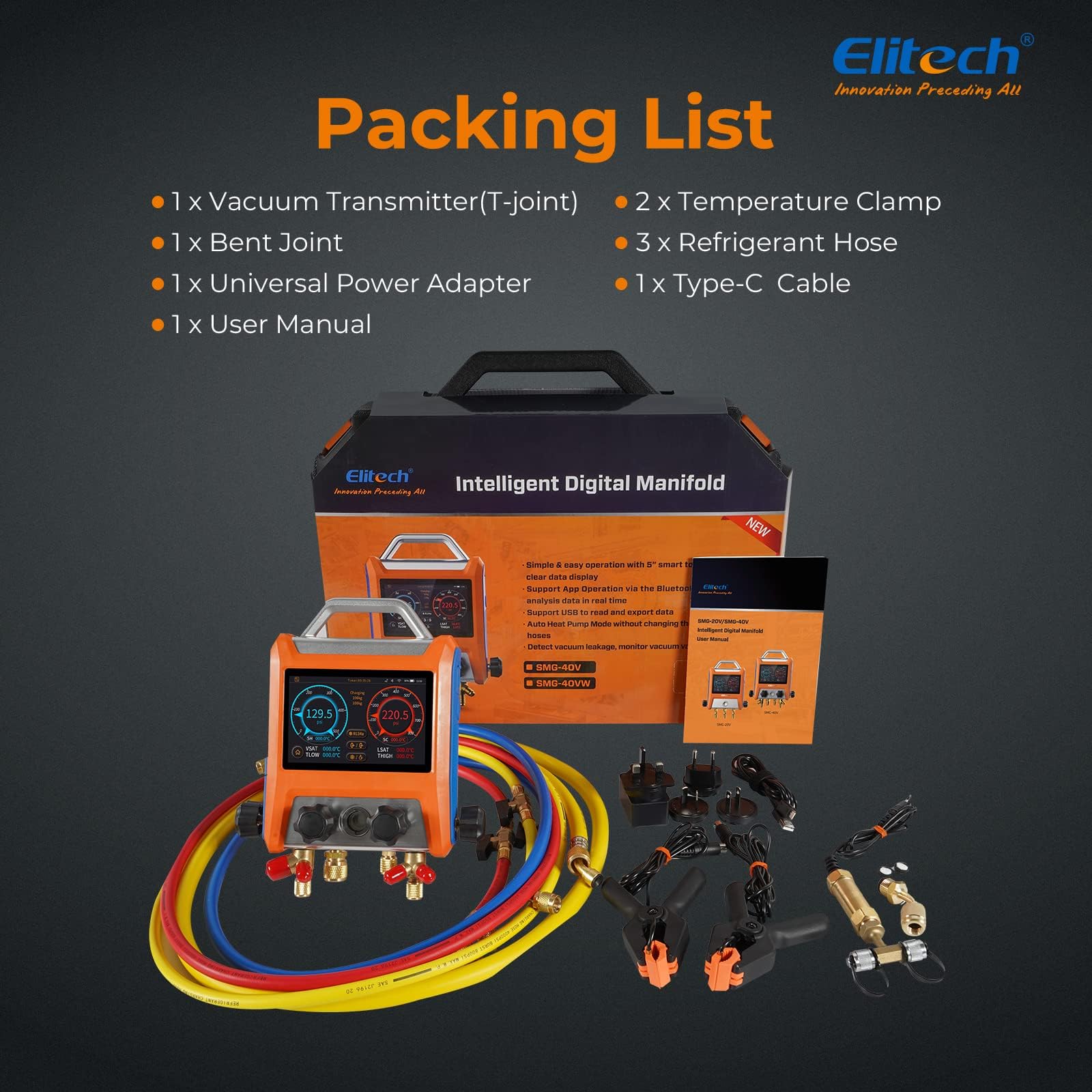 Elitech Manometr HVAC Inteligentny Czterodrożny EMG-40V - Precyzyjny Pomiar Ciśnienia I Temperatury, Kompatybilność Z Wieloma Czynnikami Chłodniczymi, Wyświetlanie Krzywych