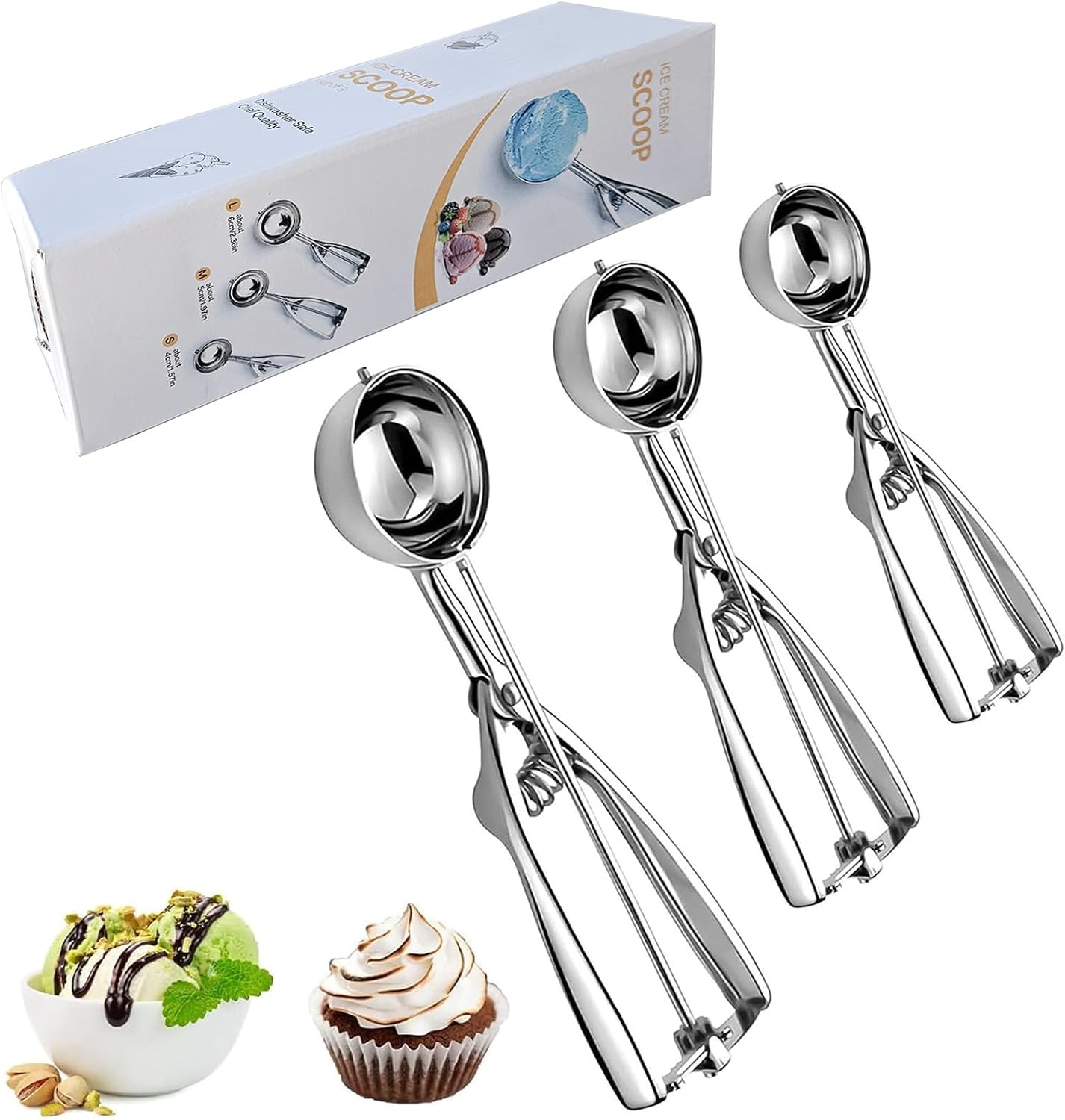 YUANQIAN Ice Cream Scoop, 3Pcs Cookie Scoop Set, Stainless Steel Ice Cream Scooper with Trigger Release, Large/Medium/Small Cookie Scooper for Baking, Cookie Scoops for Baking Set of 3 (3pcs/set)