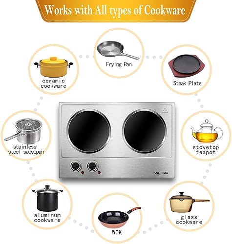 Miniatura 3 de CUSIMAX Placa eléctrica de cerámica de 1800 W para cocinar, placa infrarroja de doble control, doble quemador, quemador portátil, placa de vidrio