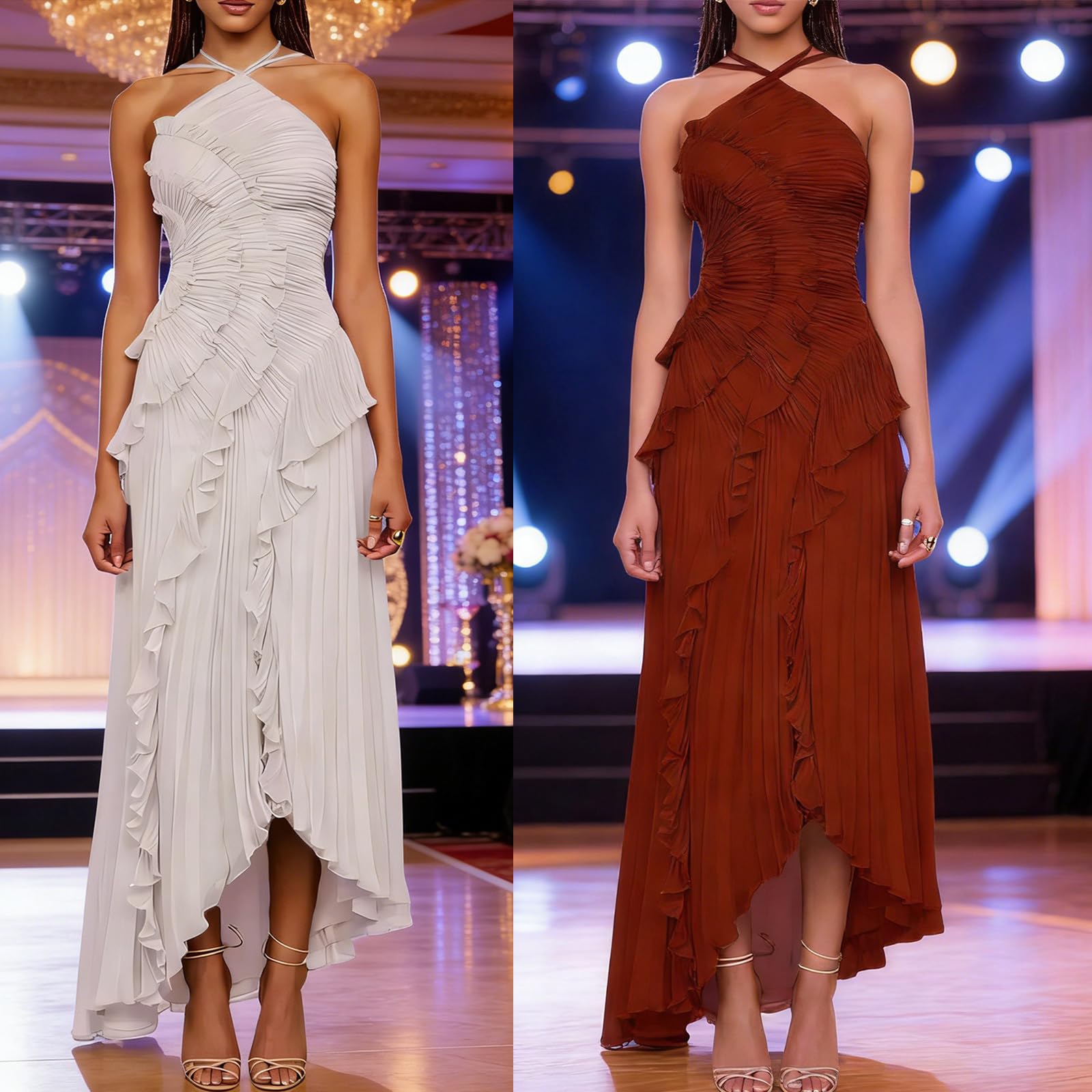 Robe longue plissée à bords lotus pour femme, dos nu, asymétrique à volants, robe de bal formelle, robe de bal de fin d'année, robe formelle pour invitée de mariage