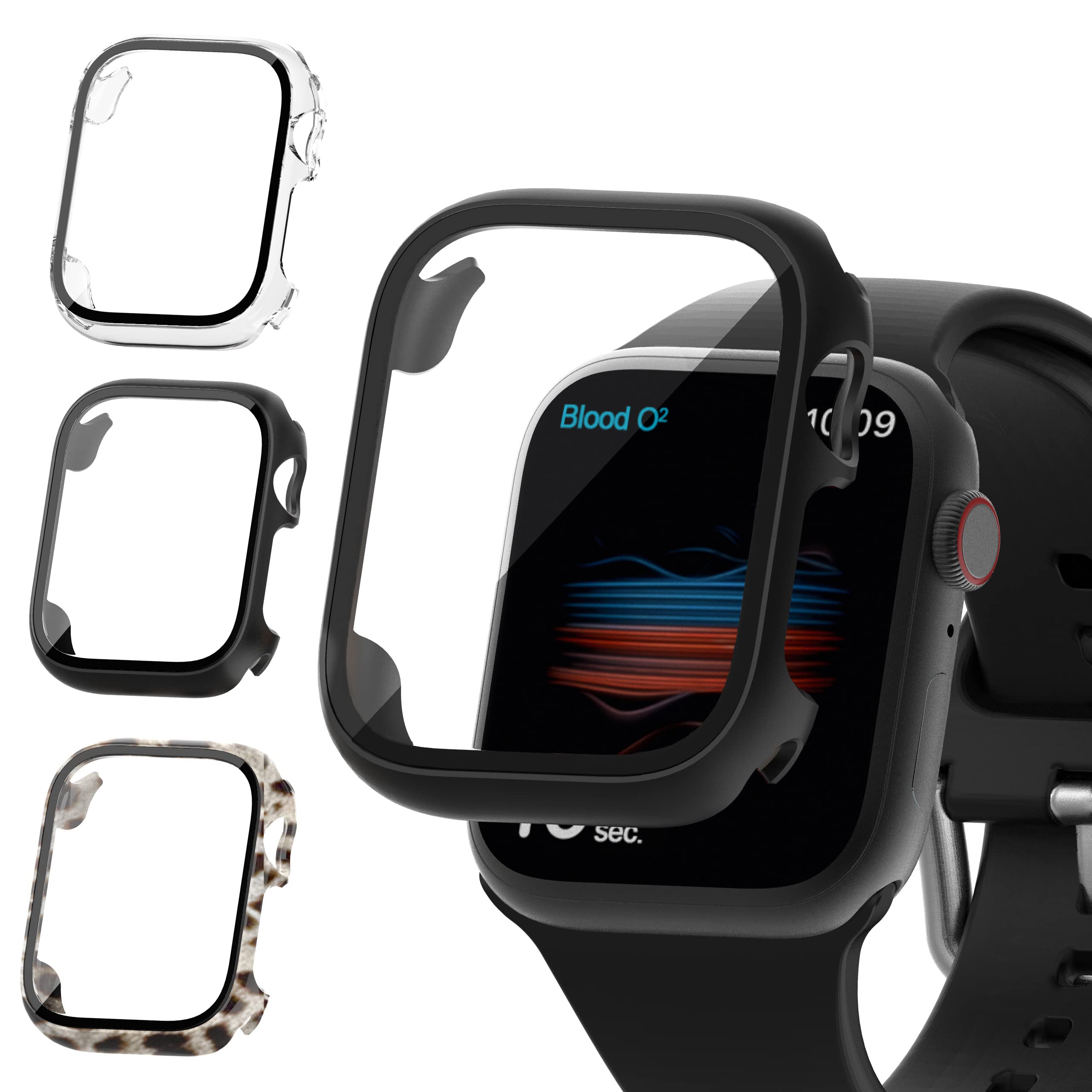 Amazon Com Commuter 3 Pack Hard Pc Case Compatible With Apple Watch Series 4 5 6 7 Se 40 41mm With Built In Tempered Glass Screen Protector High Definition Ultra Thin Bumper Cover Black Clear Black Leopard Cell