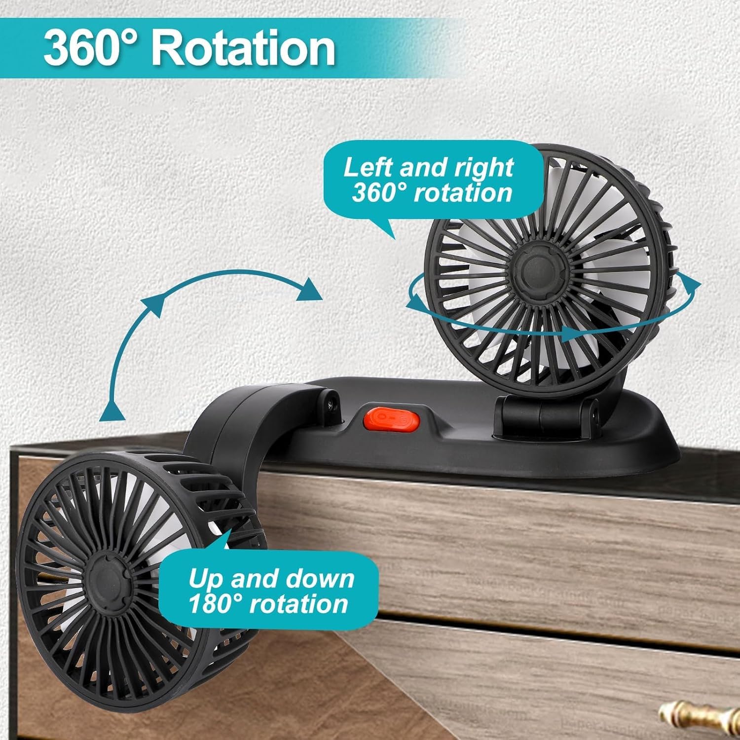 Ventilateur Double Têtes - Rotation à 360° - 12V USB Ventilateurs de Refroidissement Avec 2 Vitesses - Pour tableau, Bureau de bord - Mini Portable Ventilateuren de table - Ventouse (5v)