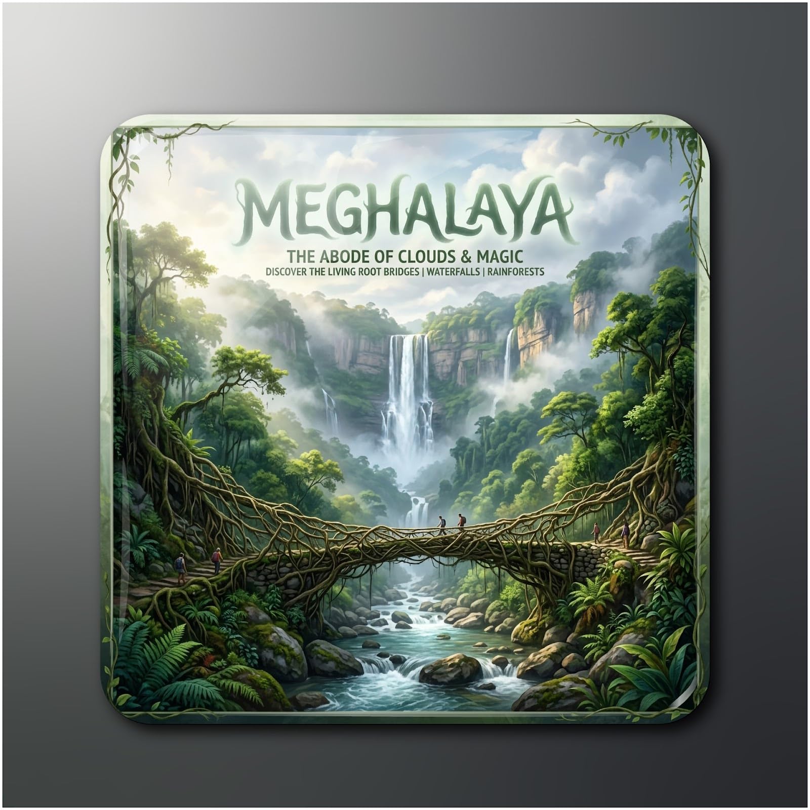 OPRYX Meghalaya Travel Souvenir Fridge Magnet - Living Root Bridges and Waterfalls Design - Abode of Clouds and Magic Theme - Glossy Finish - Square - 5.08 x 5.08 Centimetres - Multicolour-image-17