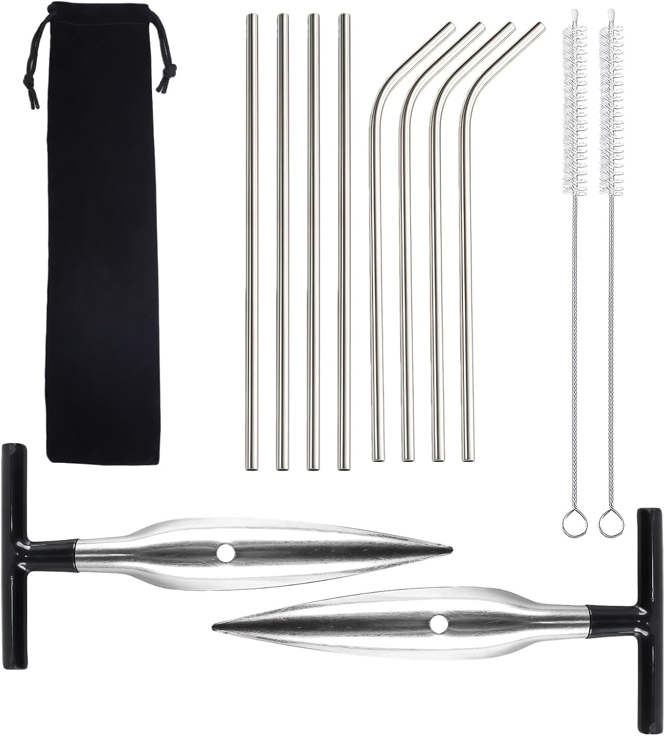 2 Pack Coconut Opener Tool Set with 8 Stainless Steel Straws, Brushes & Storage Bag Food-Grade T-Handle Coconut Drills Coconut Knife Coco Drill Punch Tool for Fresh Coconut Water