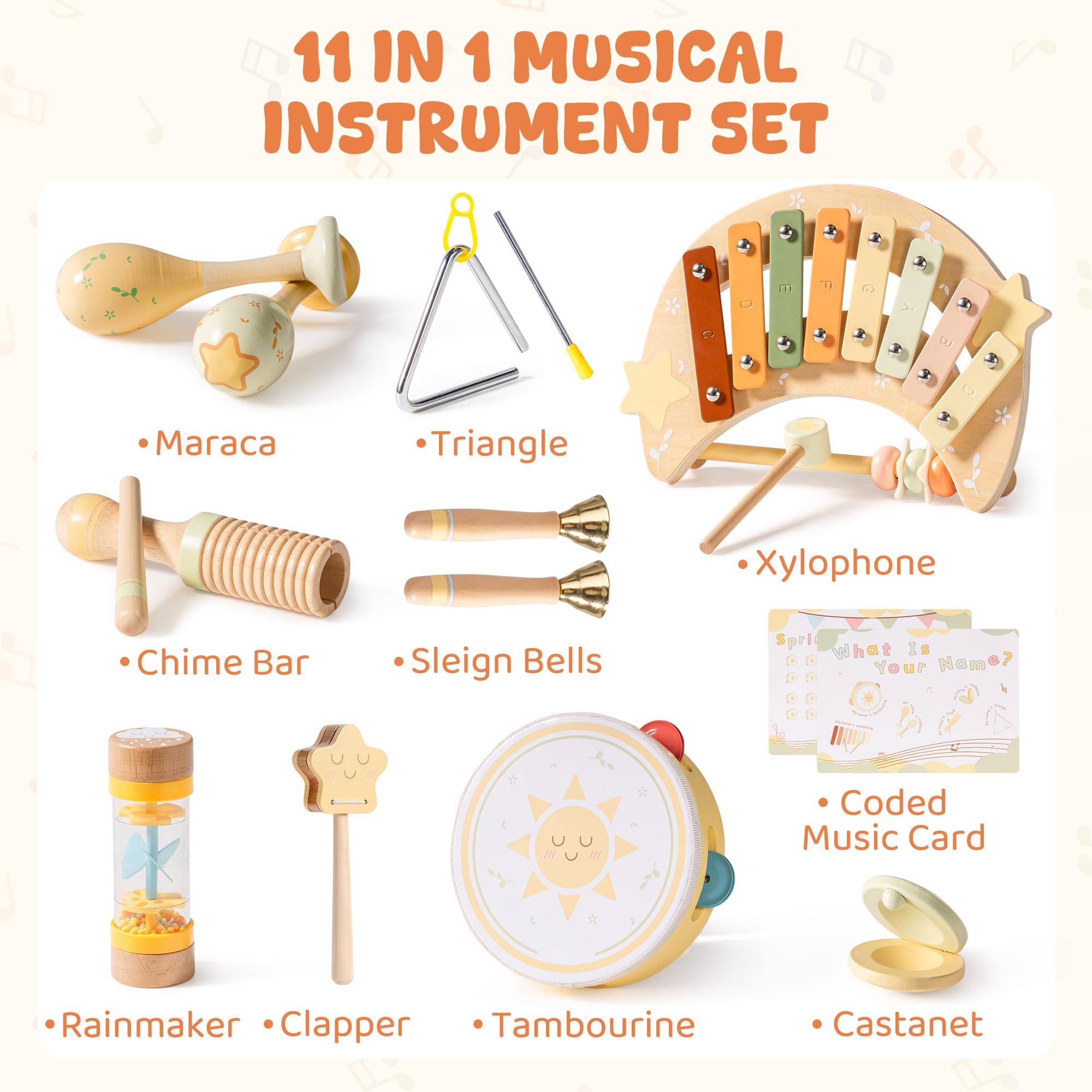 ROBOTIME Juego de instrumentos musicales de madera para bebés, lindos juguetes de percusión para niños pequeños, incluye xilófono, maracas, pandereta, triángulo y más, juguetes educativos de sonido