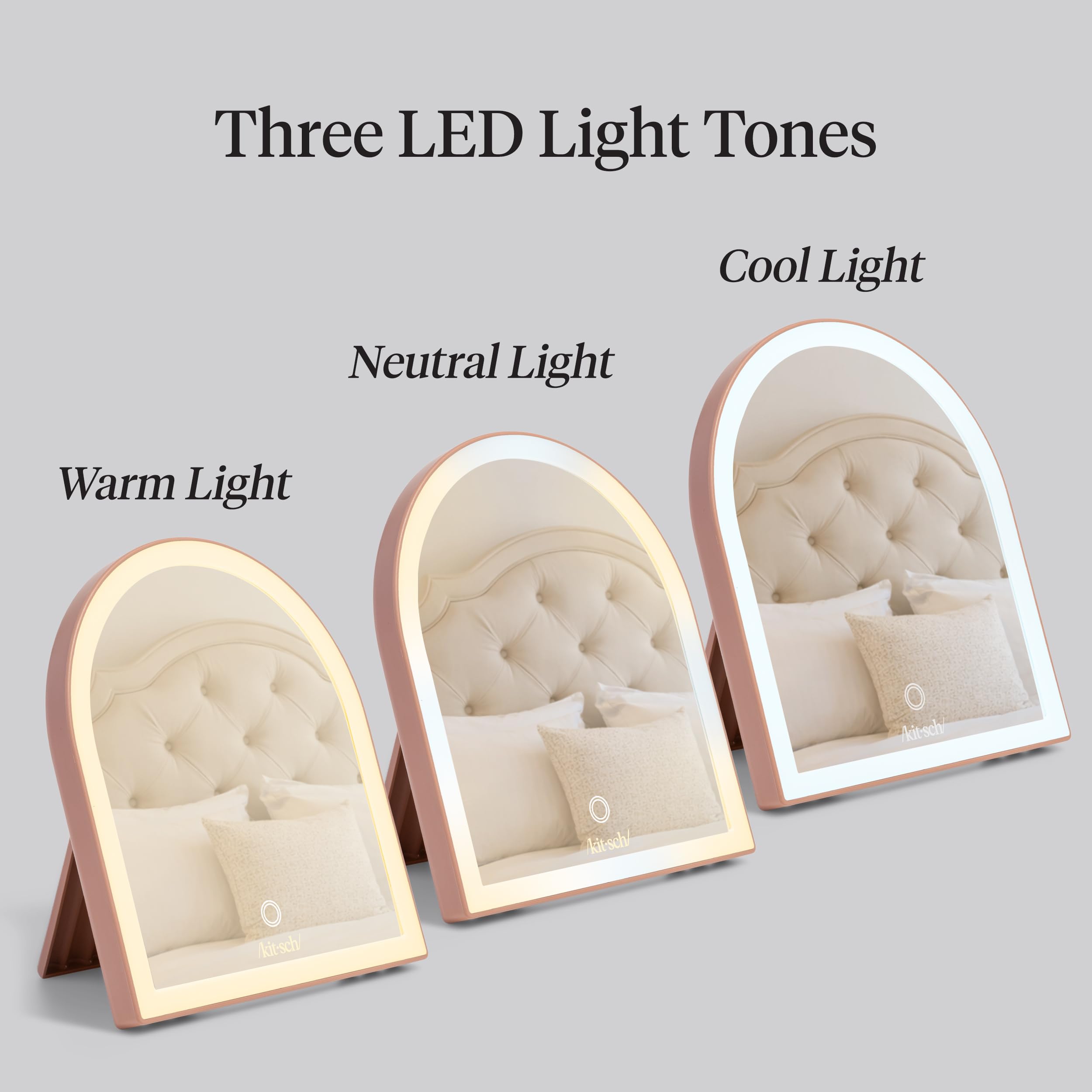 Kitsch Specchio da scrivania ad arco con luci, superficie per trucco a LED, sensore touch, dimmerabile, luce calda neutra fredda, specchio da scrivania ricaricabile con cavalletto, per viaggi
