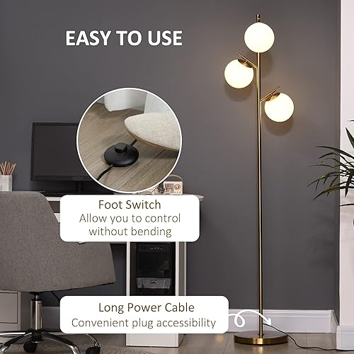 Miniatura 4 de HOMCOM Lámpara de pie moderna de 3 luces para sala de estar lámpara de pie de árbol para dormitorio con pantallas de globo base de acero bonita