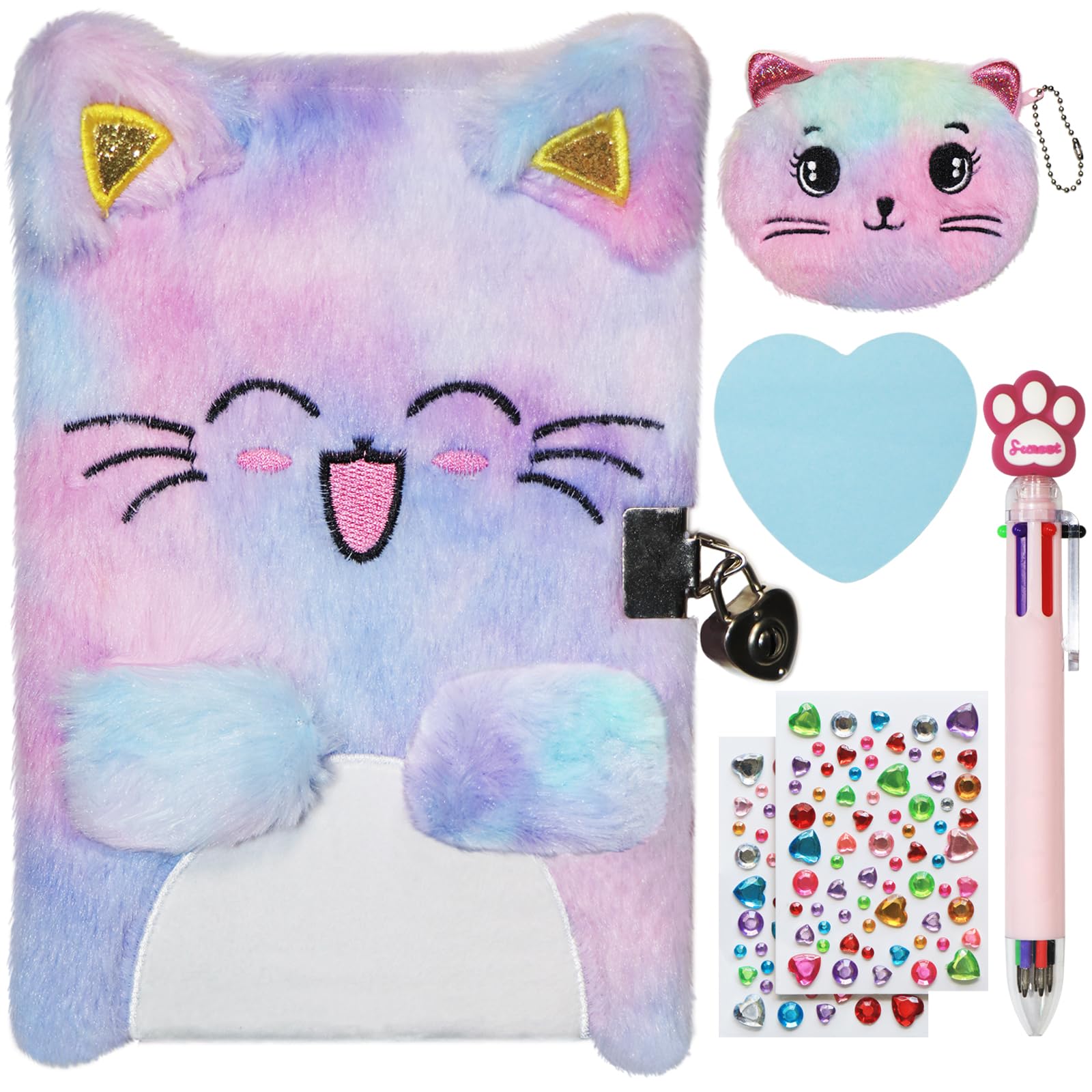 Cat Diary with Lock and Keys, Gift for 6 7 8 9 Year Old Girl, Kids Journal Notebook Set with Multicolored Pen, Coin Purse, Post-it Note, Stickers, Cute Plush Secret Diary for Kids (A Smile Cat)