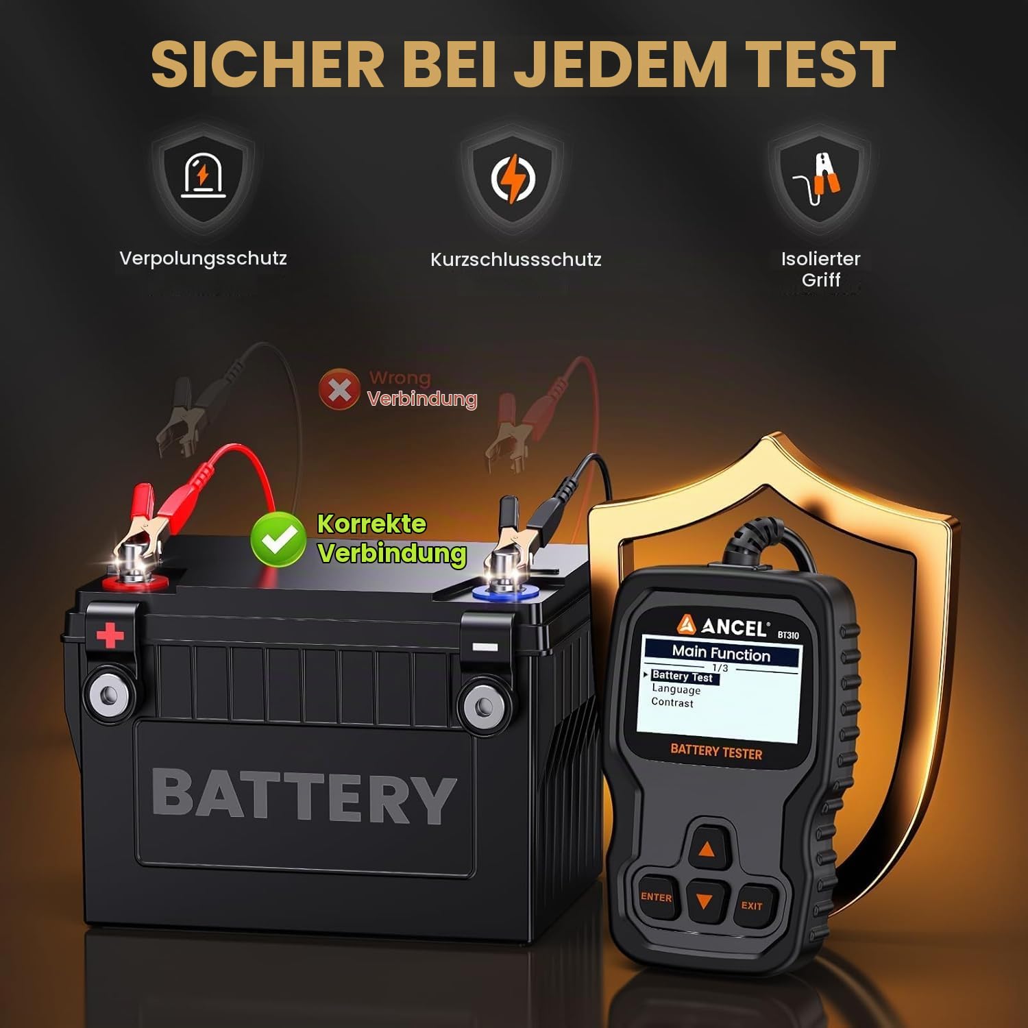 ANCEL BT310 Autobatterie Tester 12V 24V Batterietester KFZ 100–2000 CCA | Batterie Tester Auto mit Batterietest Anlasstest & Ladetest für SUV LKW ATV Boot PKW Motorrad Blei-Säure & Lithium Batterien