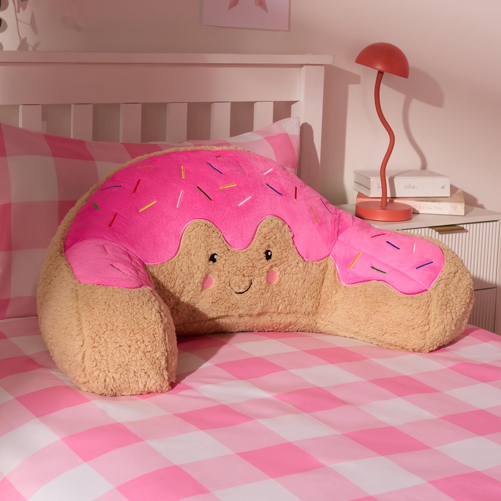 Ohs Women's Dolly The Donut Cuddle Cushion Doughnut, Reading Pillow For Bed Adult Kids Super Soft Teddy Fleece Cosy Gaming Cushion For Girls Boys With Arms Backrest Sit Up In Bed Pillow Relaxing Comfy, Brown/Pink