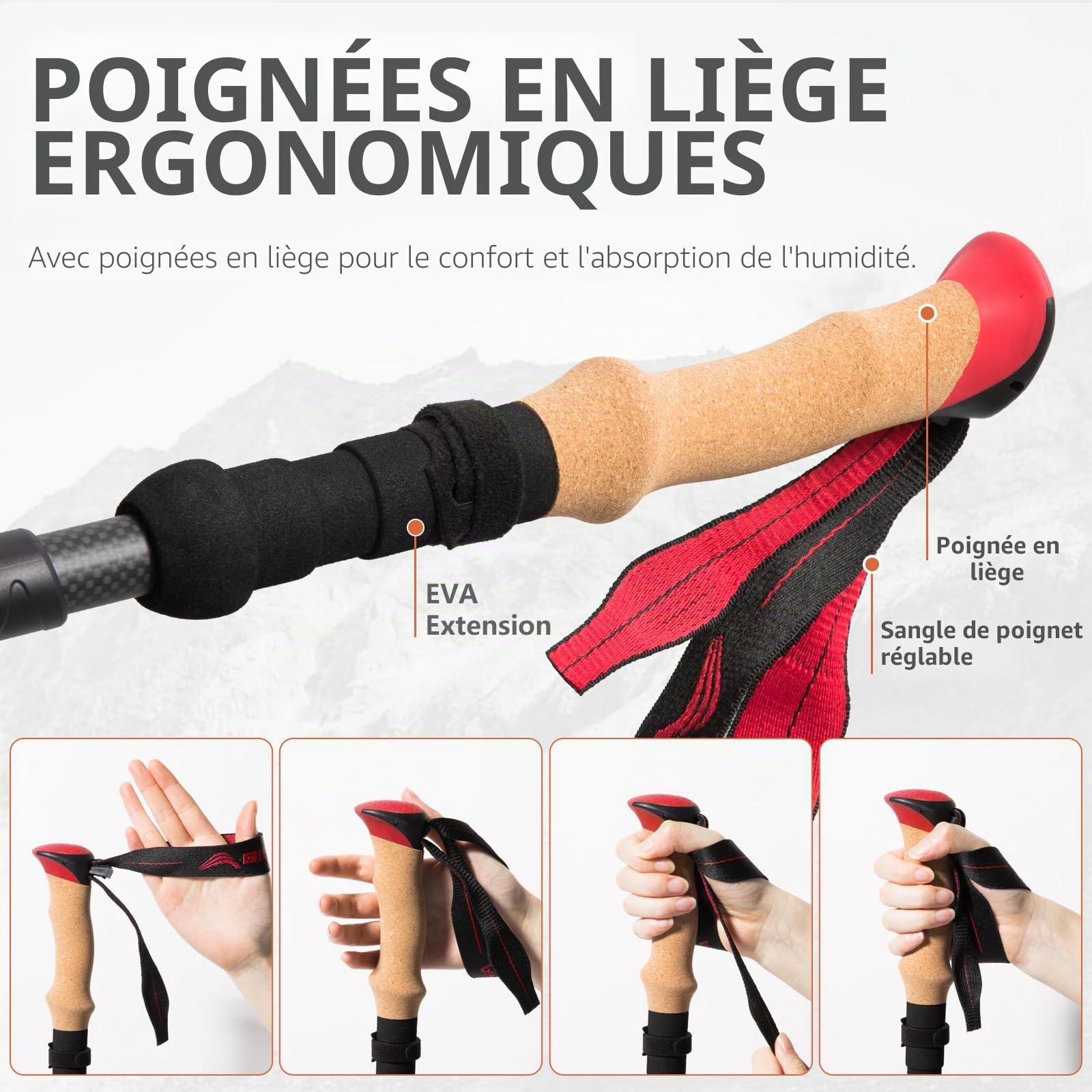 BISINNA Bâtons de randonnée Pliables Carbone 234g | Ultra-léger dès 234g, pointes carbure, accessoires inclus. Pour homme/femme, marche nordique, randonnée alpine.
