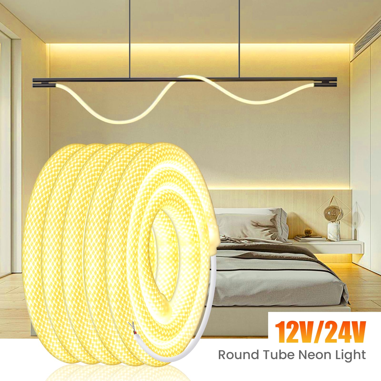 12V Neon LED Streifen 5M, 360° Rundes Maschenrohr Neon Band, SMD2835 240LEDs/m Warmweiß IP67 Wasserdichtes Schlauch Lichtband für Weihnachten, Hochzeiten, Innen/Außen Dekoration（Ohne Adapter）