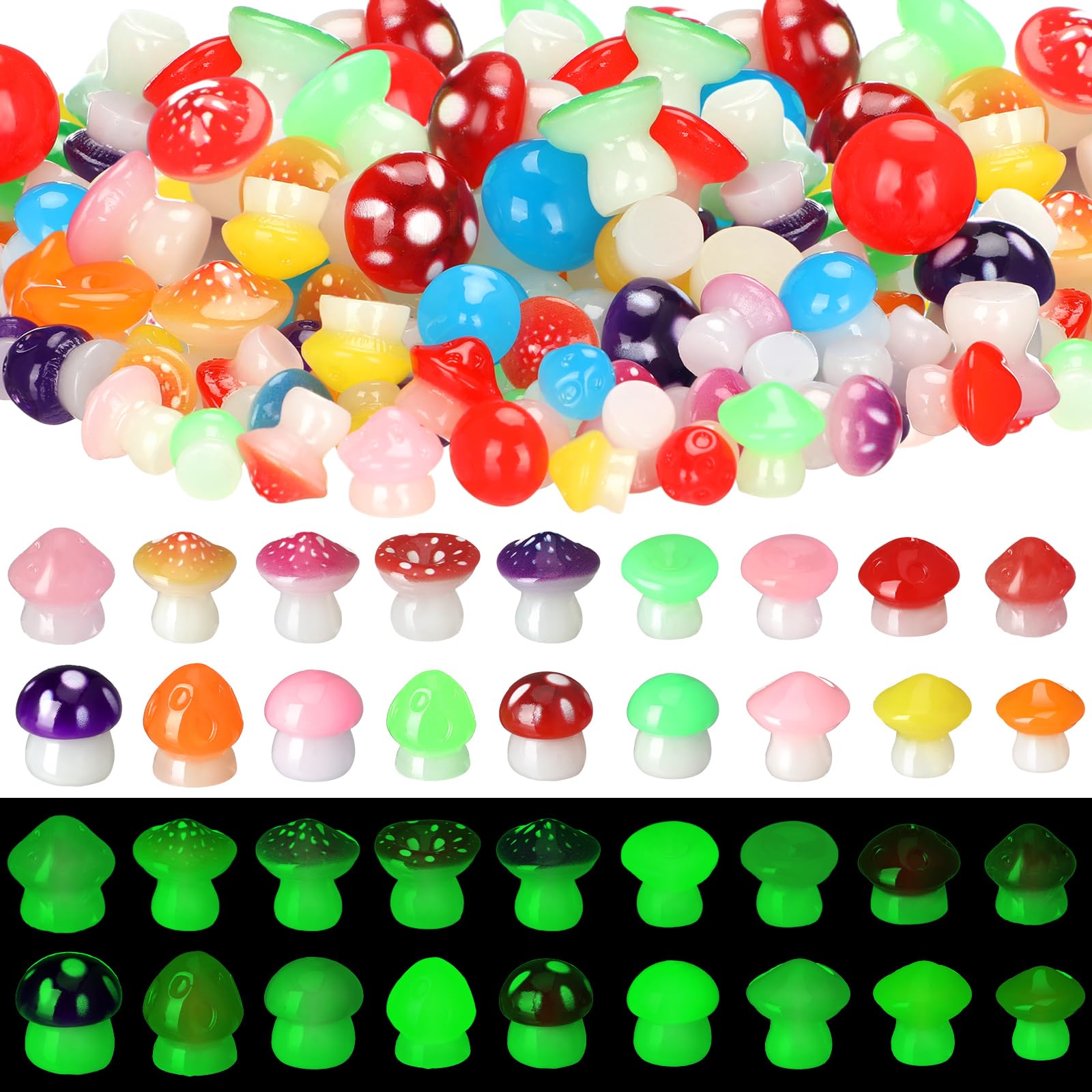 RoundFunny 126 Pcs Mini Resin Mushrooms Luminous Mini Mushrooms Glow in The Dark Ornaments Miniature Cute Garden Accessories Micro Landscape Decor for Dollhouse, Aquarium, DIY Craft, Party Decor