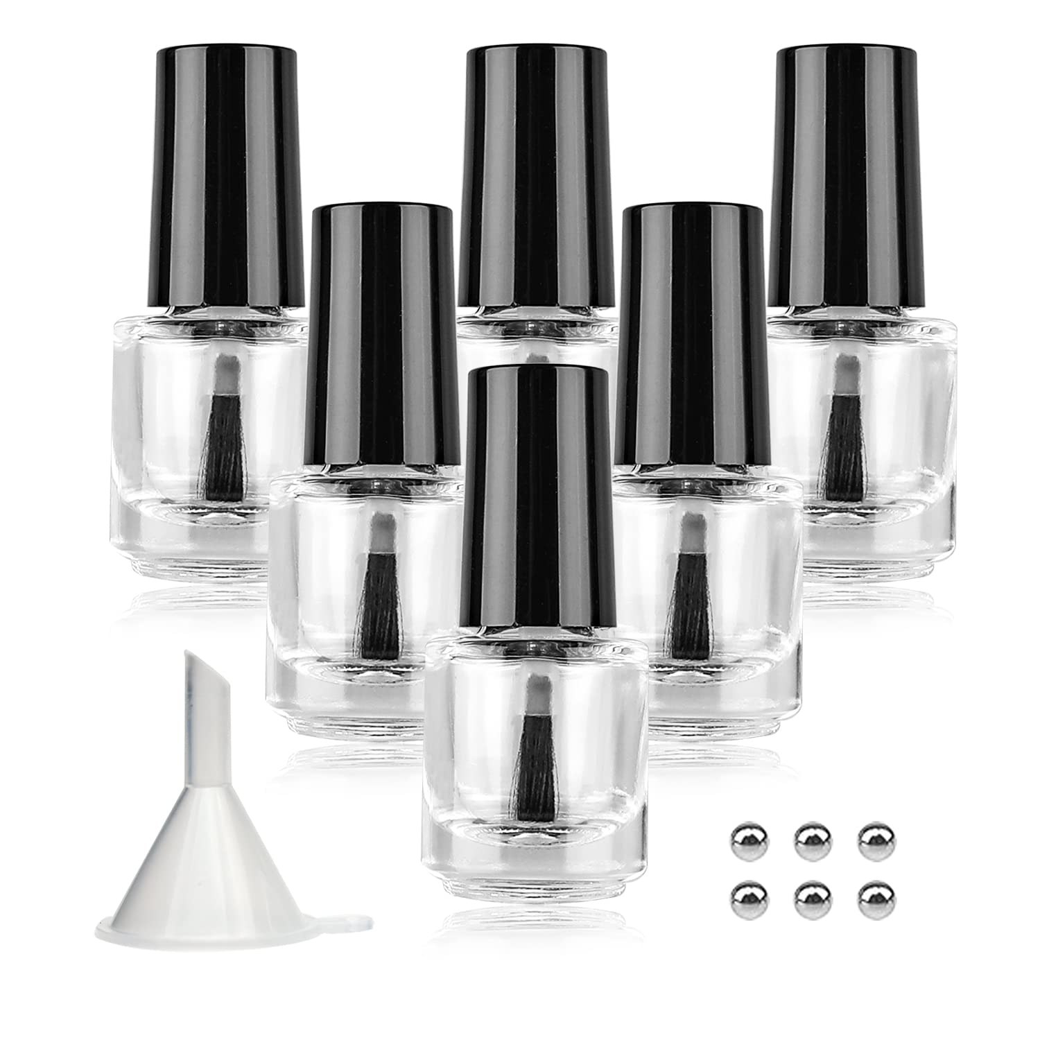 Agidea Empty Nail Polish Bottles with Brush Cap, Empty Glass Refillable Nail Polish Bottles with Mixing Agitator Balls & Funnels, Pack of 6 (5ML)