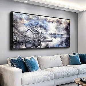 ERQINHUA Wall Art For Living Room Canvas Wall Decor For Bedroom Office Decoration Blue Tree Lakeside Landscape Painting Art Print Modern Beach Posters Ready To Hang Home Decor Black Frame 20"x40"