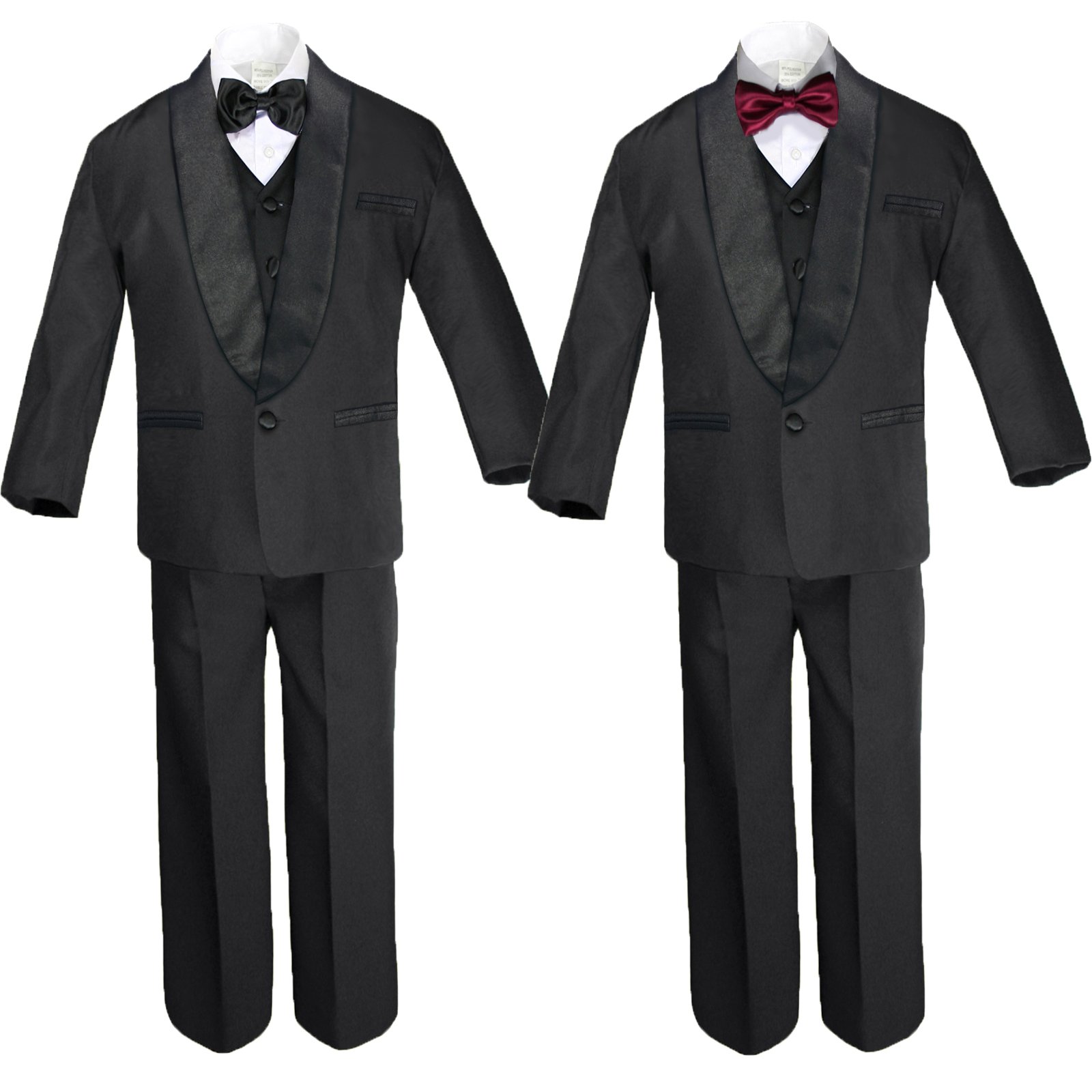 Unotux 6pc Boy Black Formal Satin Shawl Lapel Suits Tuxedo Extra Burgundy Bow Tie SM-18 (L:(12-18 Months))