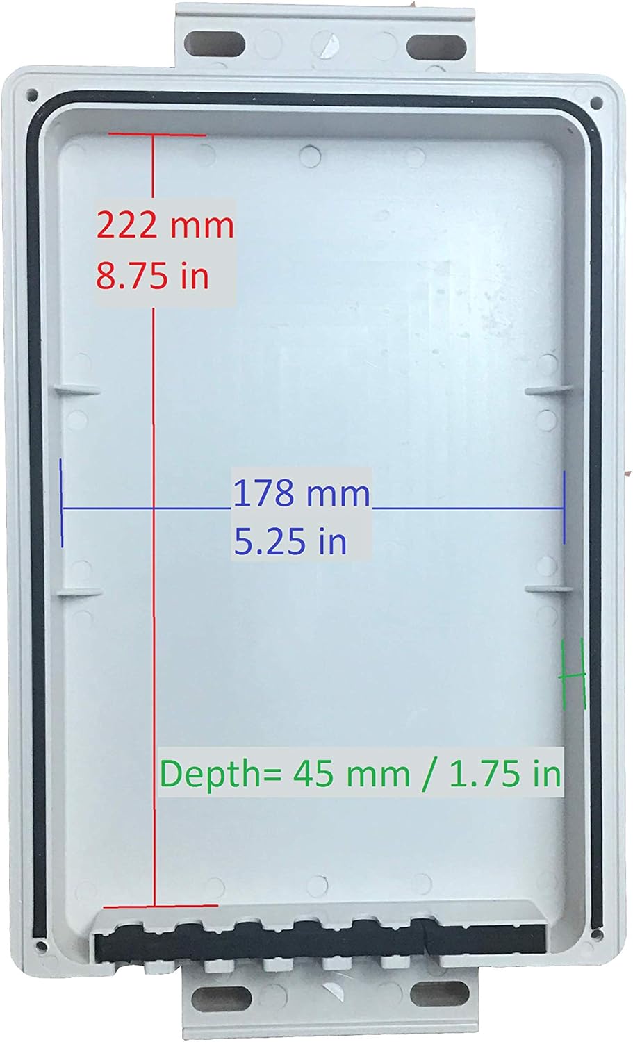 Outdoor UV Resistant, Weatherproof Enclosure for TP-SW5 and TP-SW8 Series POE switches. 222 x 133 x 45mm Internal dims. EPDM Foam Wire feedthrus.