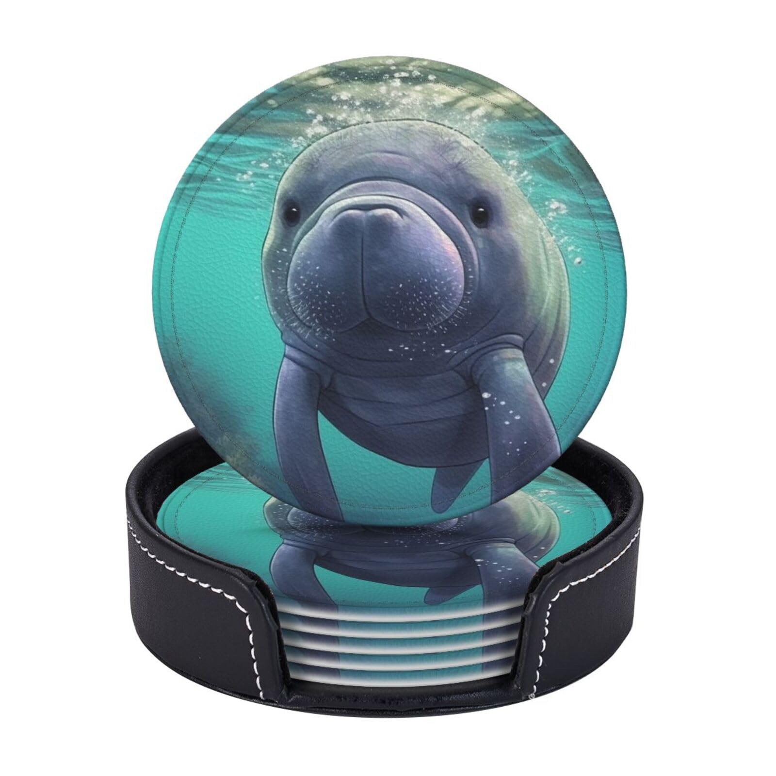 6Pcs PU Leather Coaster for Drinks, Cute Sea Animal Manatee Cup Coasters with Holder, Aesthetic Drink Coasters for Coffee Table, Round Coaster for Tabletop Protection 4" Cup Mat Pad