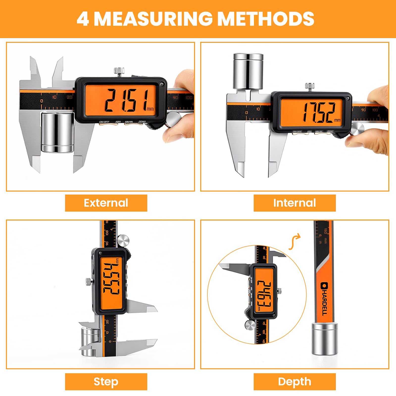 HARDELL Digital Caliper, Rechargeable Digital Caliper with Large Orange Screen - Anti-Glare LCD & ABS Function, Auto-Off Digital Micrometer, Inch/Metric Stainless Steel Micrometer for DIY, Workshop
