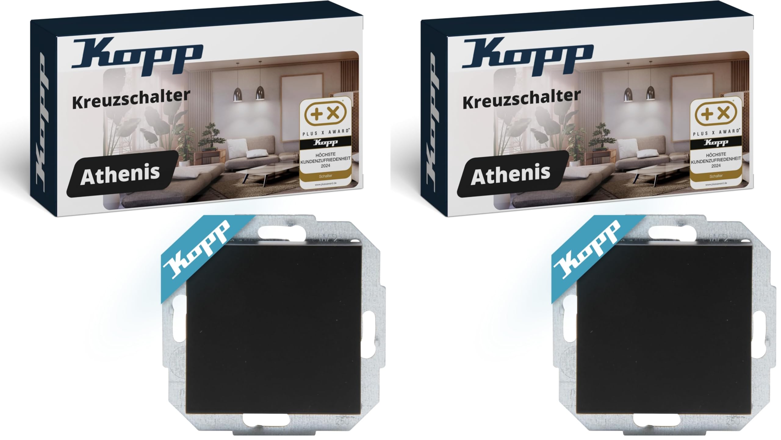 Kopp Athenis Kreuzschalter, IP20, schwarz, matte Oberfläche, 587750080 (Packung mit 2)