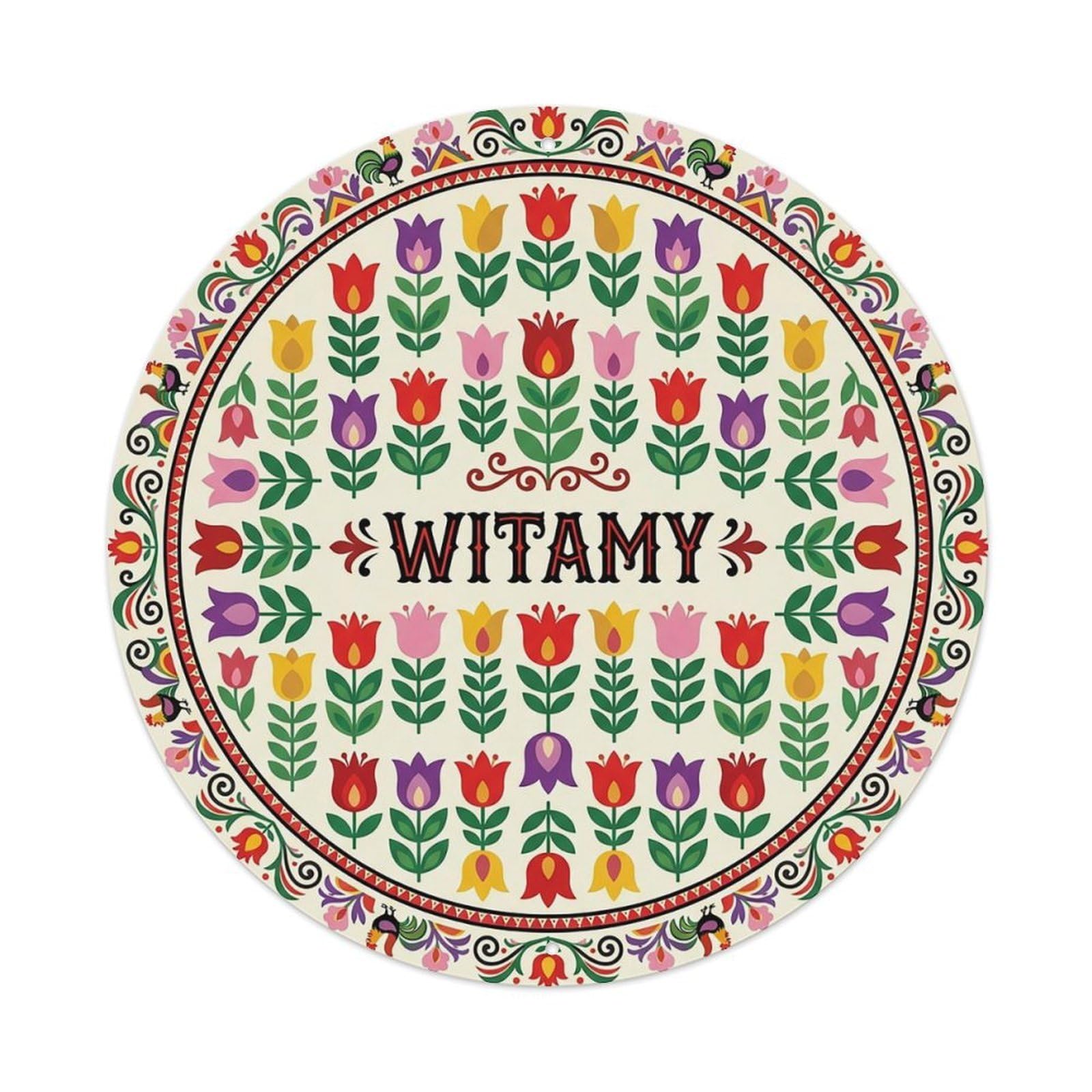 Vintage Polish Folk Art Witamy Welcome Tulip Field Metal Tin Sign
