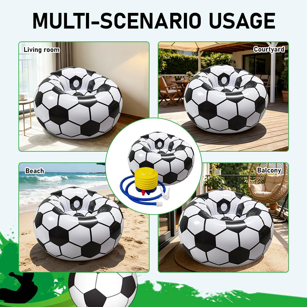 Poltrona gonfiabile a forma di pallone da calcio, 105 x 105 x 70 cm, con pompa ad aria, portatile, superficie floccata, super morbida, per soggiorno, camera da letto, campeggio