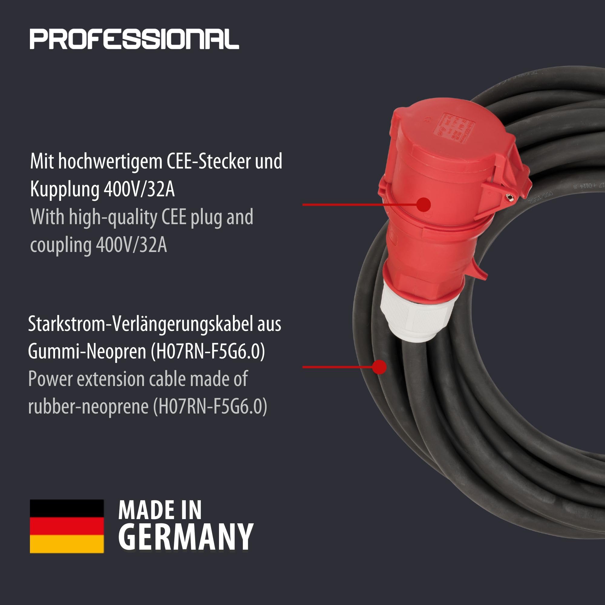 Brennenstuhl Professional przedłużacz cee IP44 (25m kabel, H07RN-F 5G6,0 5-biegunowy z wtyczką CEE i złączem, do zastosowań zewnętrznych IP44, Made in Germany) czarny