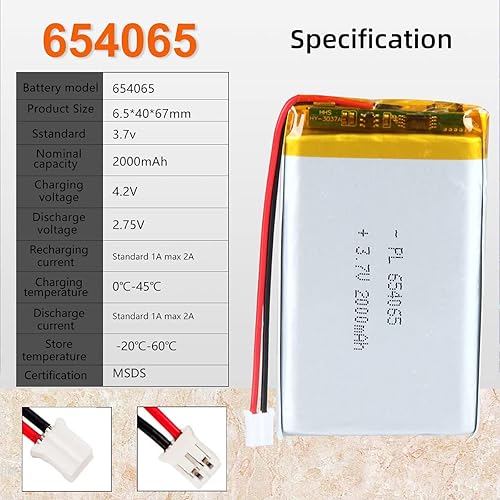 Miniatura 4 de 3.7V 654065 2000mAh Lipo batería recargable de iones de polímero de litio con conector PH2.0.000 in JST