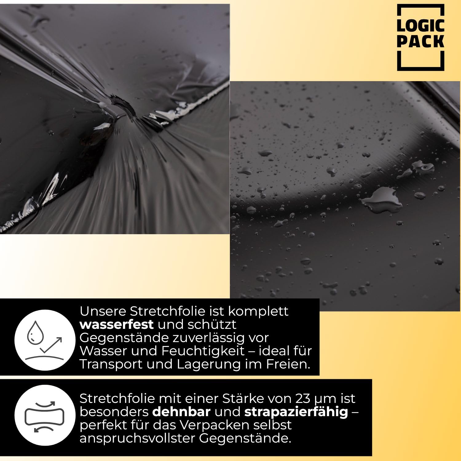 Stretchfolie Schwarz 50cm x 160m (1,5kg) - Blickdichte Handstretchfolie, Wickelfolie für Versand & Umzug, Reißfeste Palettenfolie - 23my Schutzfolie, 3 Rollen