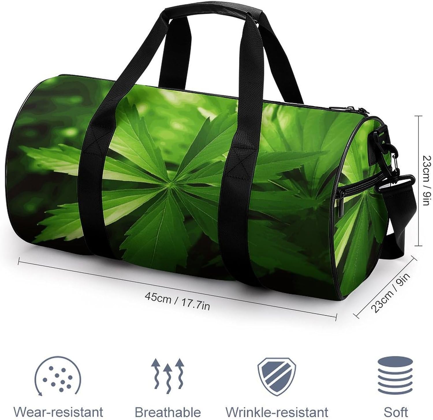 Aesthetic Sports Bag for Women Green Leaves Printed Duffle Travel Bag for Men Women Mini Workout Bags Cylindrical Gym Bag