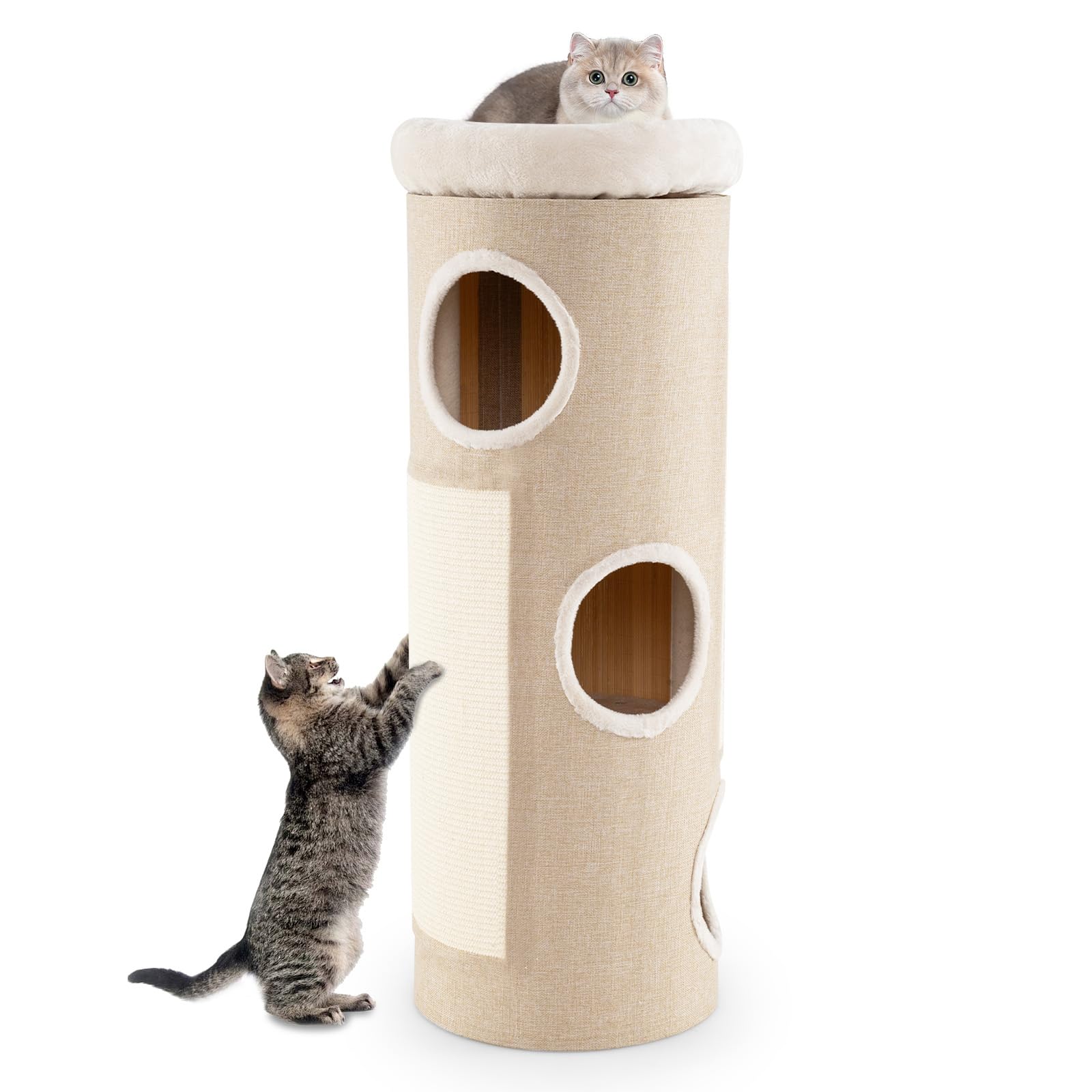 GYMAX Albero per Gatti a Forma di Barile, Casa a Più Livelli con 3 Ingressi e Letto in Pile Rimovibile, Torre da Interno con Copertura Rimovibile e Tiragraffi, per Gatti Adulti e Gattini, Beige