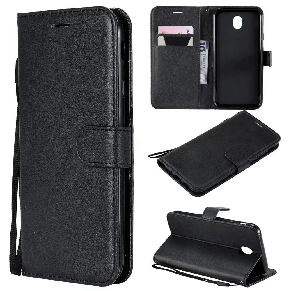 Solid Color Premium Quality PU Leather Flip Wallet Stand Case with Wrist Strap for Samsung Galaxy J7 Pro 2017 SM-J730 (Color : Black)