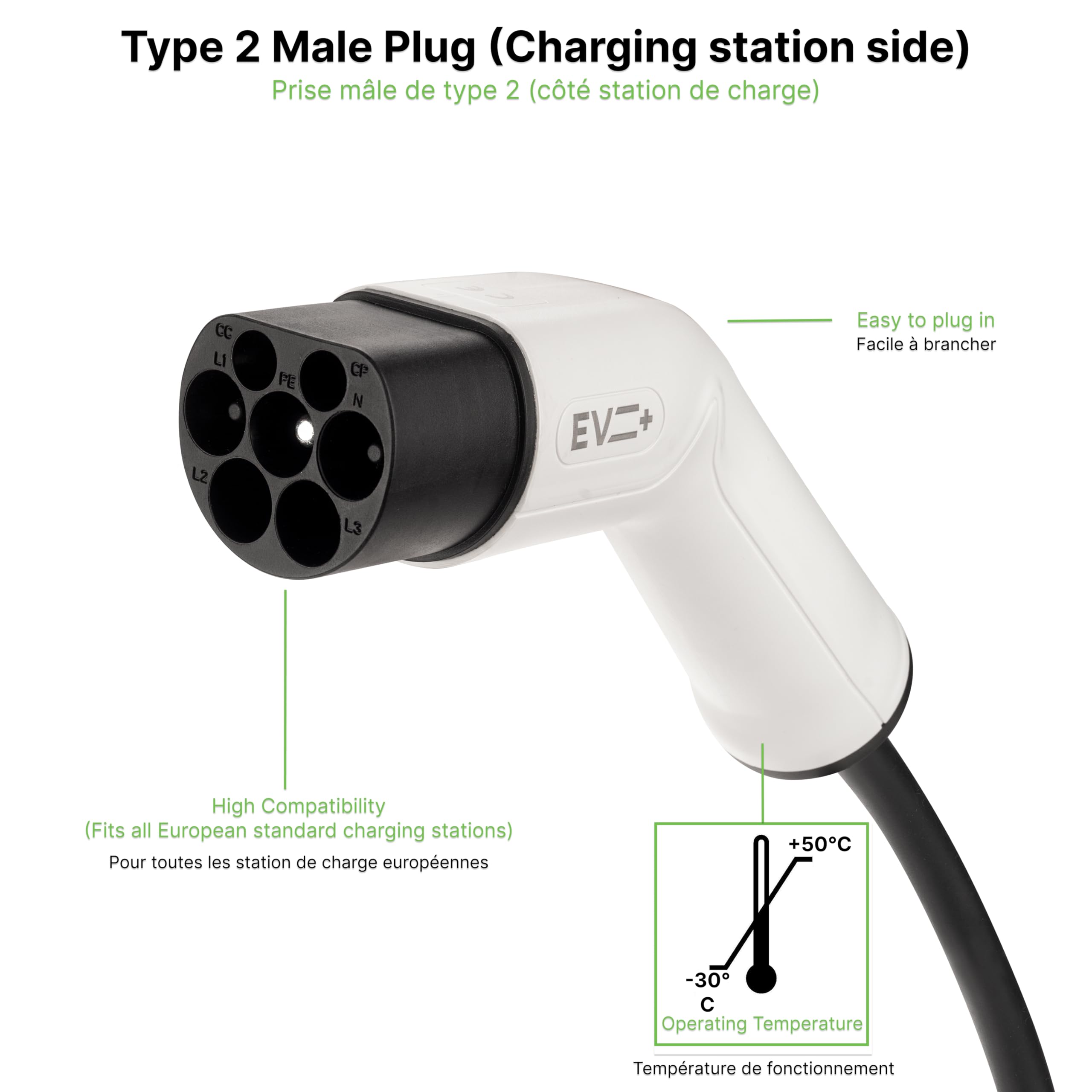EV + Cable de carga para vehículo eléctrico - Tipo 1 a Tipo 2 de 3 metros PHEV Cable de carga - 1 fase 32A (7,2 kW) Negro en espiral - Bolsa de transporte gratis CE IP55