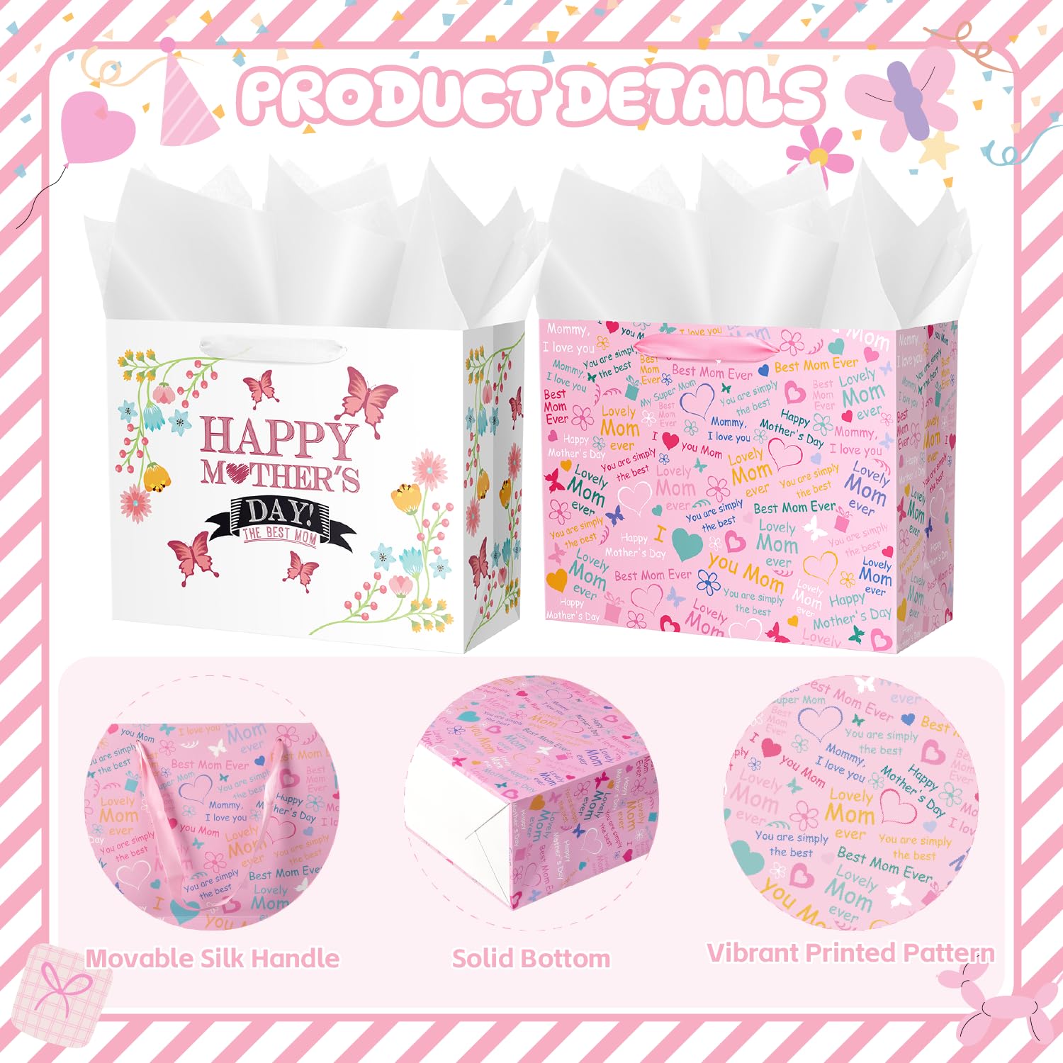 Lyforpyton 12.6" Medium Mother's Day Bag with Tissue Paper and Card for Mom, Grandma, Floral Gift Bags with Cards for Woman, Suitable for Mother's Day （ 2PCS ）