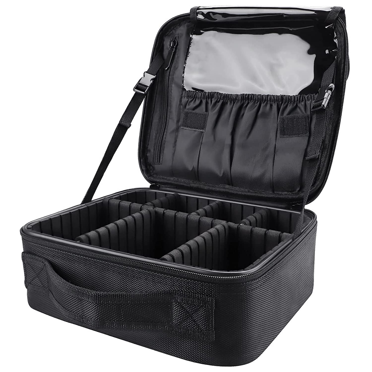 Makeup Case, Travel Cosmetics Case Beauty Box Make Up Tools Organizer Bag with Adjustable Compartment, Waterproof, Black
