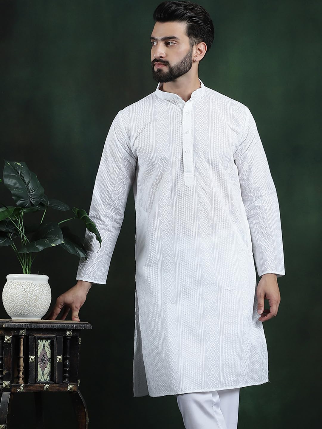Sojanya (Since 1958 Men's Cotton Thread Embroidered White Long Kurta
