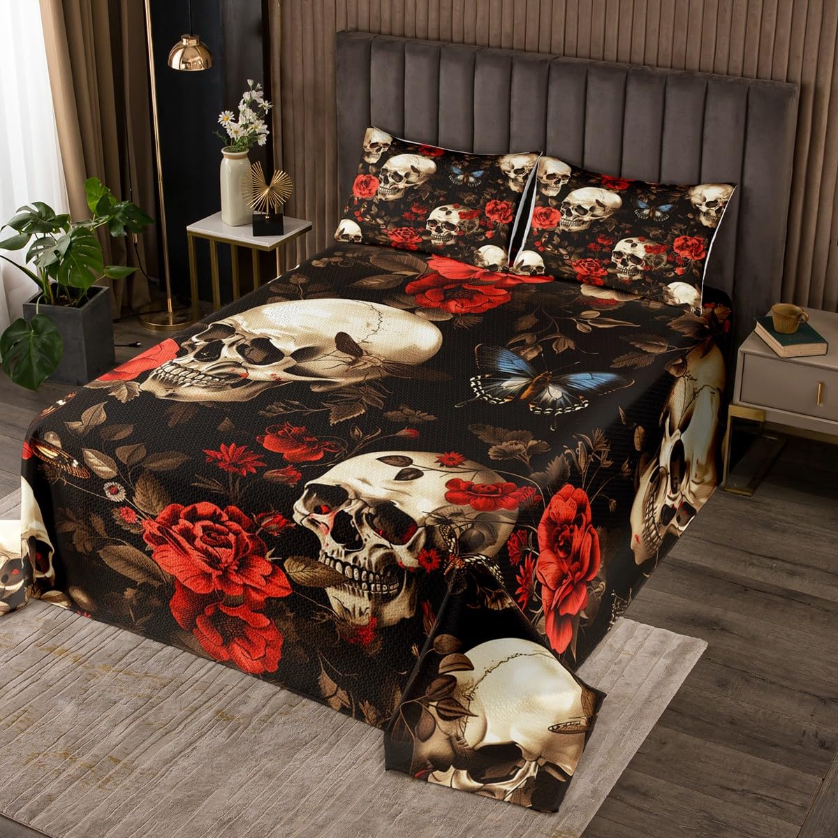 Manfei Gothic Skull Kids Bedspread Twin Size,Rose Flowers Butterfly Botanical Coverlet Set,Boys Girls Room Decor,Happy Halloween Skeleton Moth Quilted Coverlet,Boho Exotic Bedding Quilt,1 Pillowcase