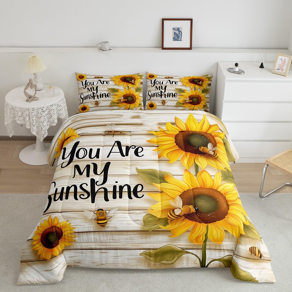 Erosebridal Sunflower Bedding Set, Retro Letters and Yellow Flower Printed Comforter Set Bedroom Dorm Decor, Farm Rural Floral Bee Down Comforter 3 Pcs, Soft Duvet Set with 2 Pillow Cases, Queen