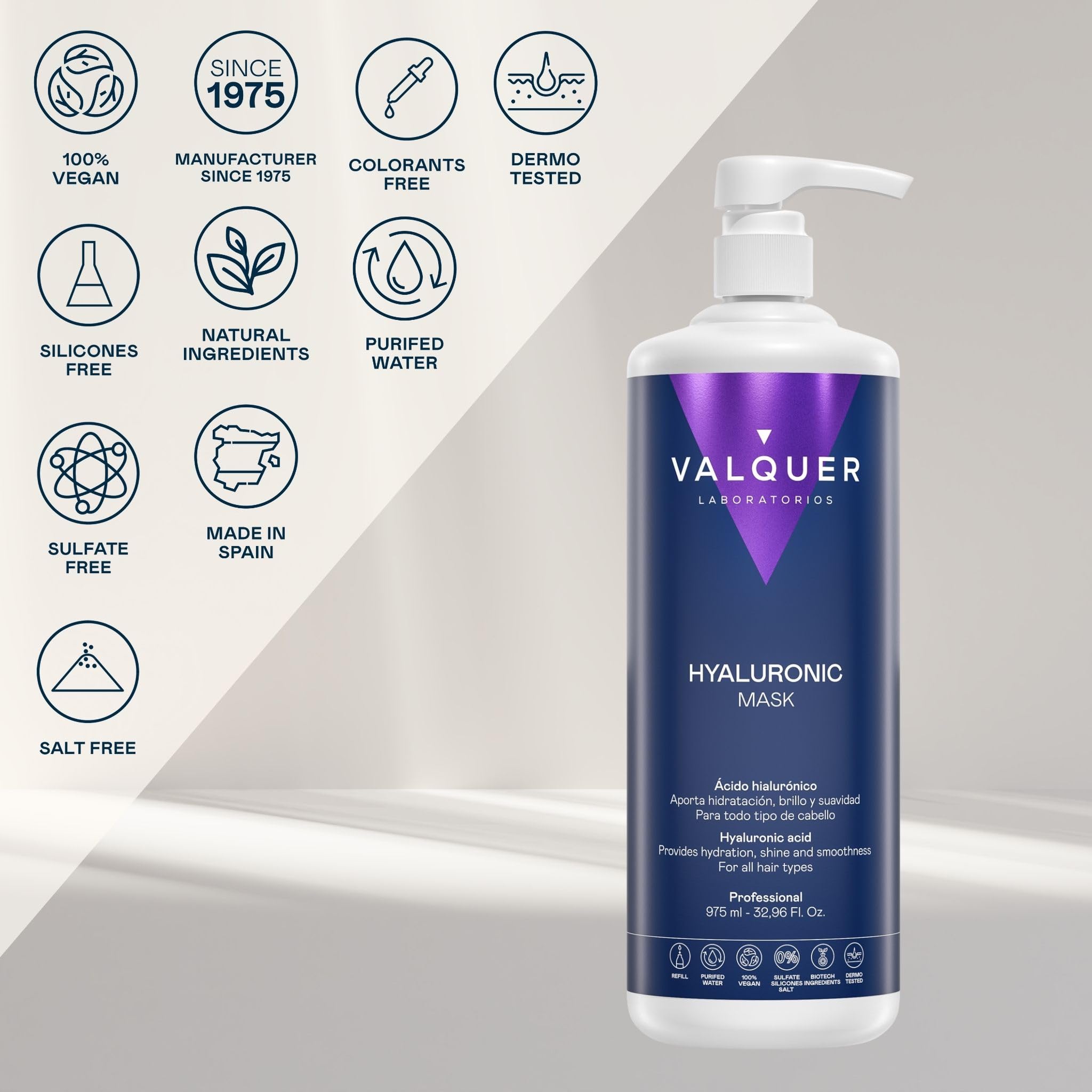 VALQUER Mascarilla Ácido Hialurónico Zero | Hidrata, Repara y Revitaliza el Cabello Dañado y Seco | Con Pantenol, Keratina y Aloe Vera | Vegano | 975 ml