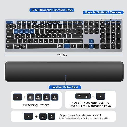 Miniatura 4 de Teclado inalámbrico, teclado Bluetooth con reposamanos de cuero, retroiluminación, emparejamiento multidispositivo, USB C recargable, para Windows,