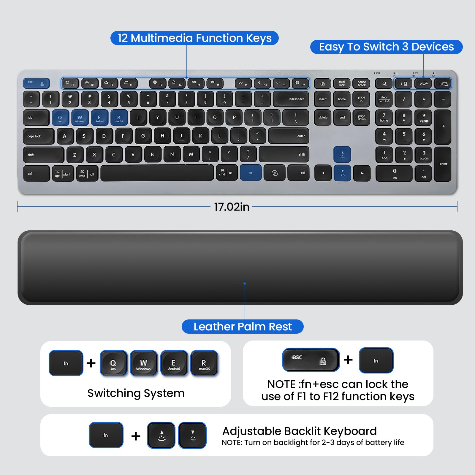 Tastiera wireless, Bluetooth con poggiapolsi in pelle, retroilluminazione, accoppiamento multi-dispositivo, ricaricabile tramite USB C, per Windows, Mac, iOS, Android, Chrome, ufficio, studenti