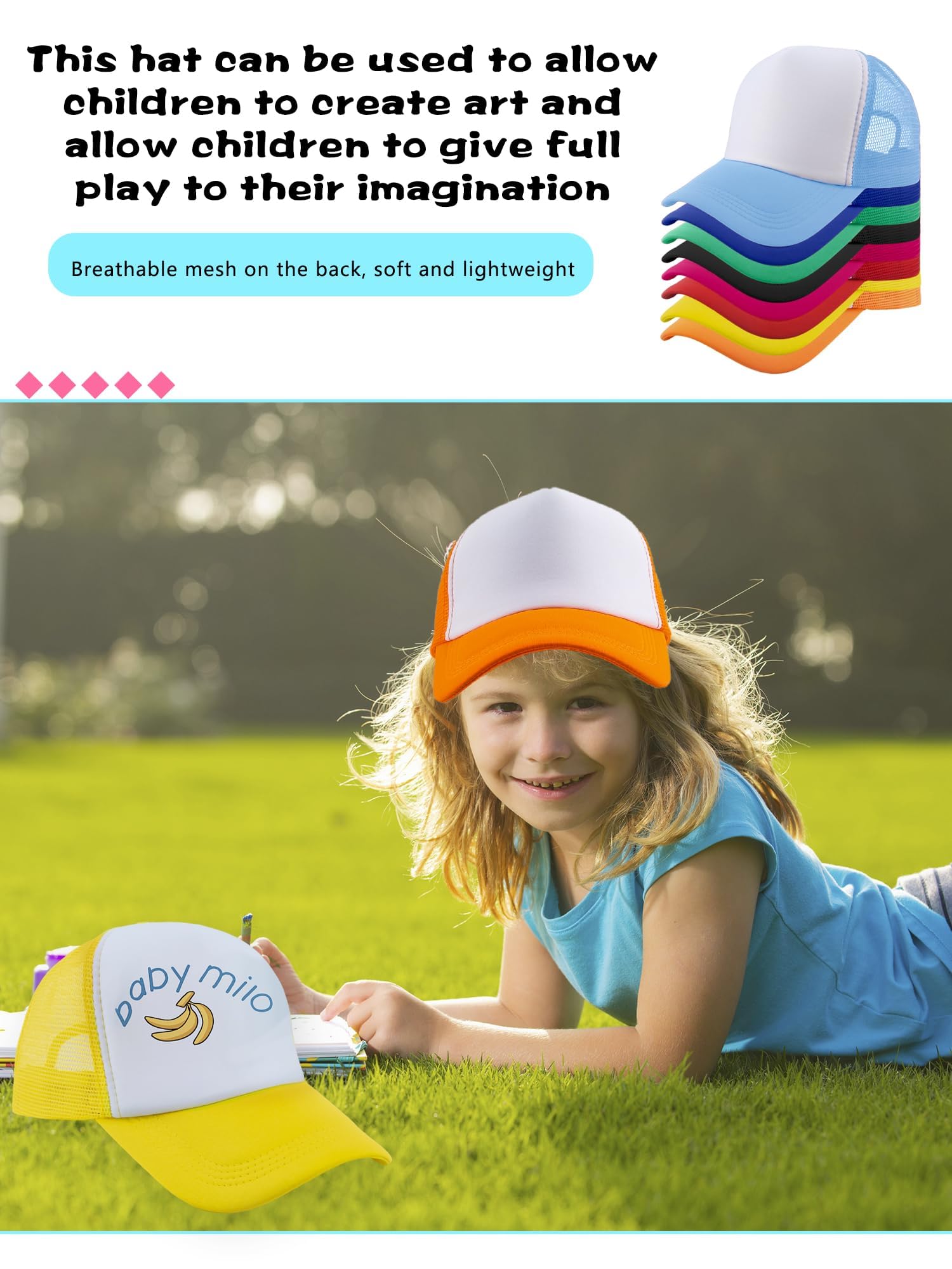 14 Stück Kinder-Truckermützen, einfarbig, Netz-Baseballkappe, Sommer-Sublimationshut, DIY-Baseballmütze für Kinder, Jungen, Mädchen