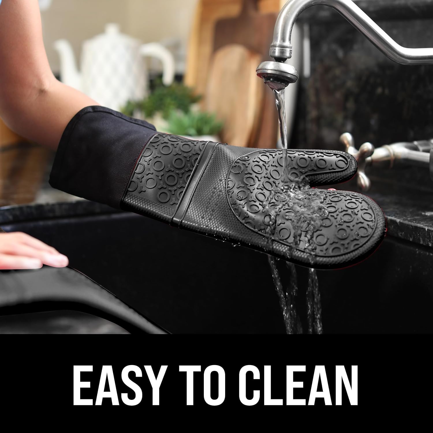 Guanto da forno extra lungo professionale in silicone - 1 paio - Guanto da cucina con guaina trapuntata - nero