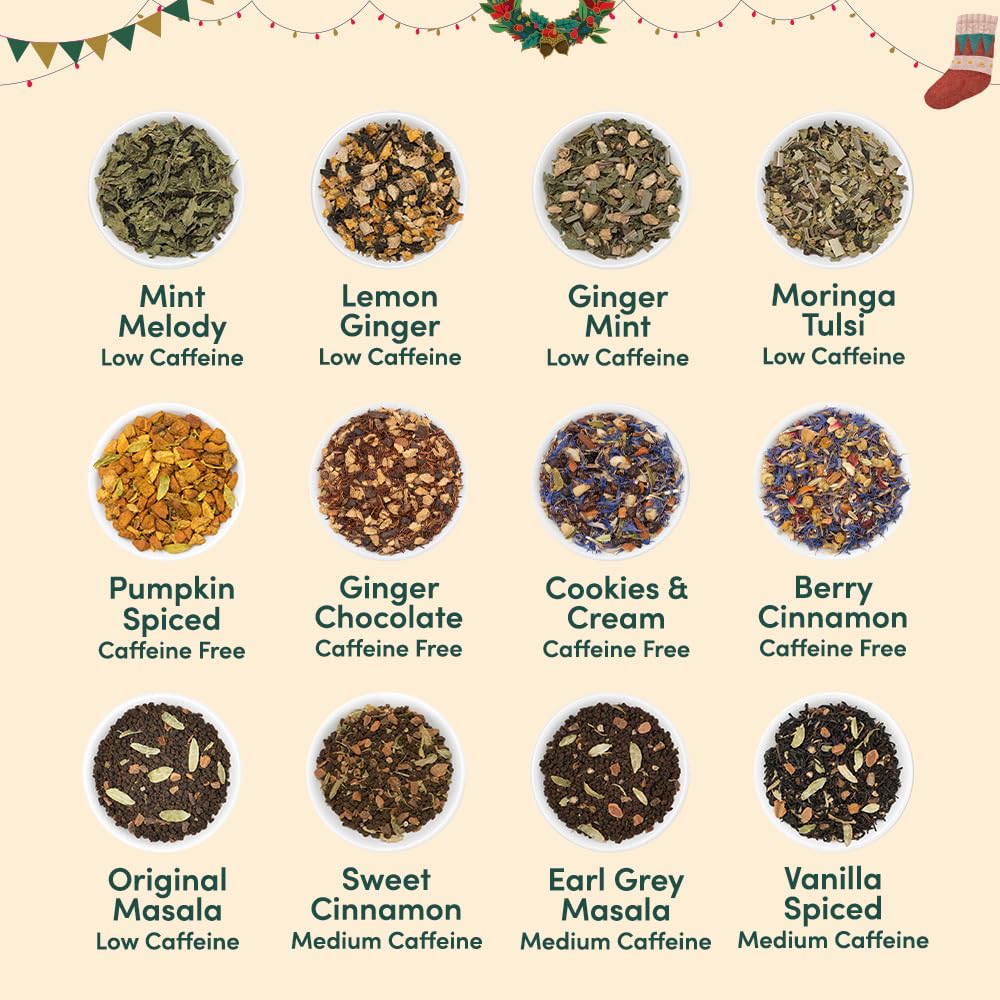 VAHDAM - Calendario Avvento tè 2024-24 Tè Assortiti, Set regalo per il tè di Natale, Calendario dell'Avvento 2024 - Per Donna e Uomo, Set Infusi Regalo, Regalo di Natale