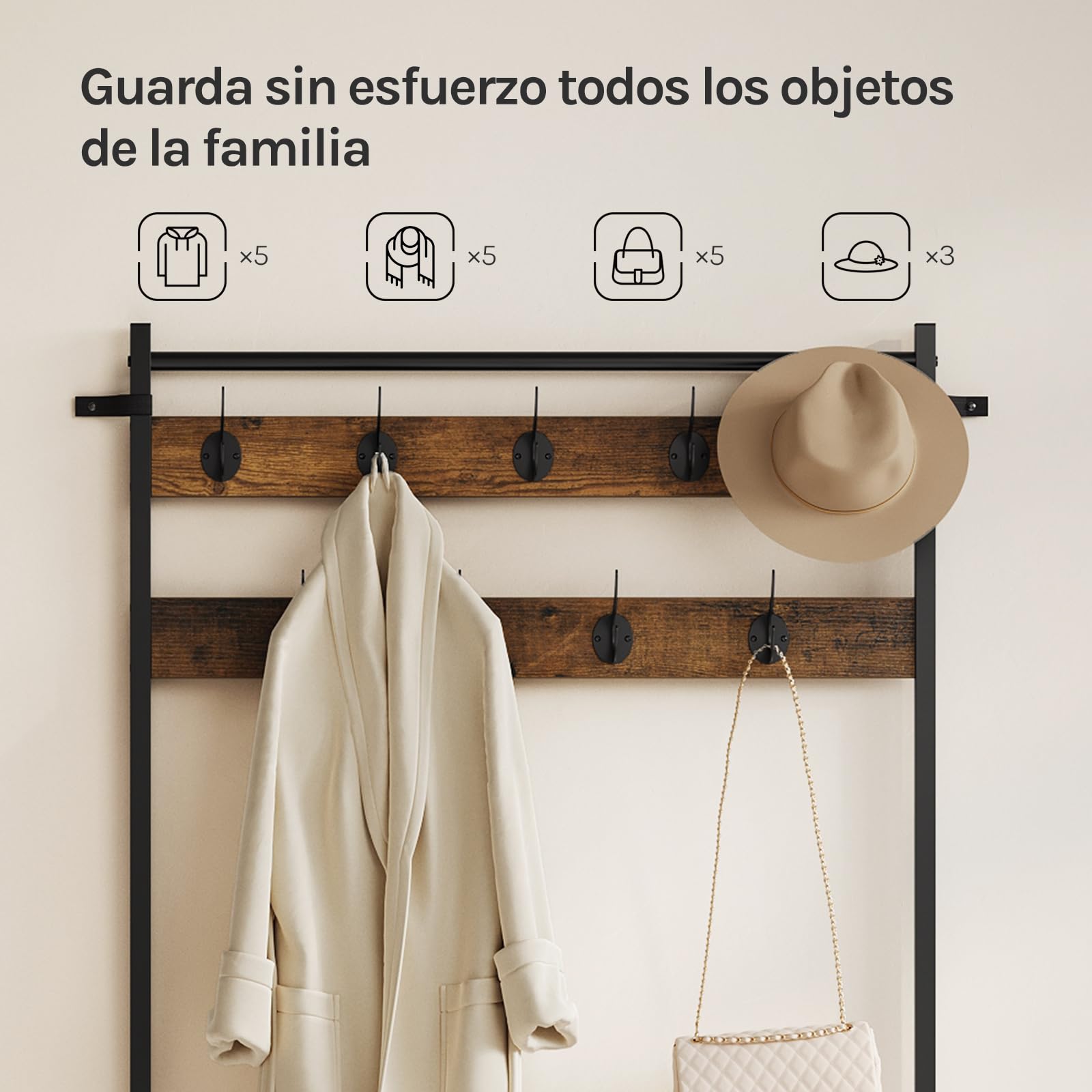 WOLTU Perchero Recibidor, Perchero Zapatero con Paragüeros, Zapatero Entrada Recibidor Moderno, 80x30x190 cm, 9 Ganchos y 4 Estantes, Estructura de Metal Duradero, Marrón Rústico + Negro