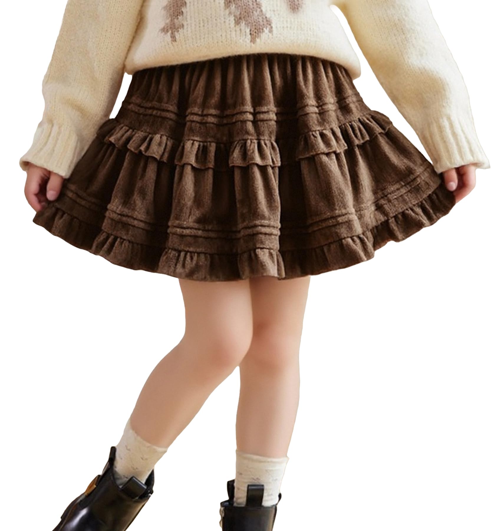 Maeau Minigonna a pieghe vintage a vita alta con volant per autunno inverno bambini 5-13 anni