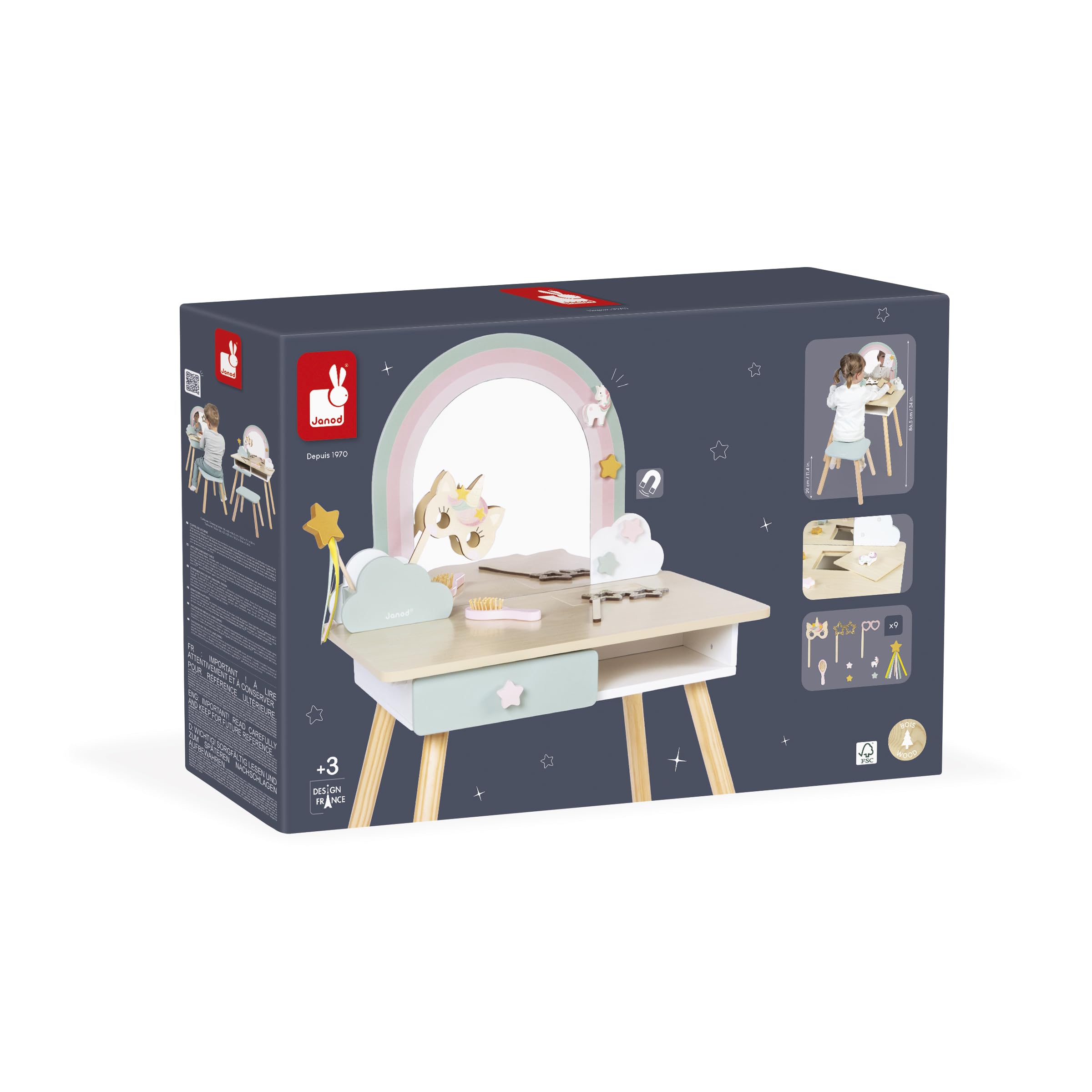 Janod Tocador Niña - Tema Unicornio - Imitación Juego - Tocador con Espejo y Taburete de Juguete - 10 Accesorios - Dim 56,6 x 42,5 x 86,25 cm - A Partir de 3 Años - J06464