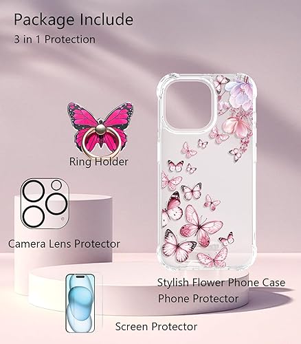 Miniatura 2 de ROSEPARROT Funda diseñada para iPhone 15 Pro con protector de pantalla de vidrio templado + protector de lente de cámara, transparente con diseño de