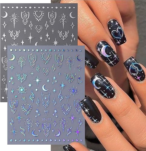 Miniatura 6 de 8 hojas de calcomanías de arte de uñas de luna y estrella 3D, autoadhesivas, metálicas, holográficas, láser, brillantina, diseño de uñas, estrellas,